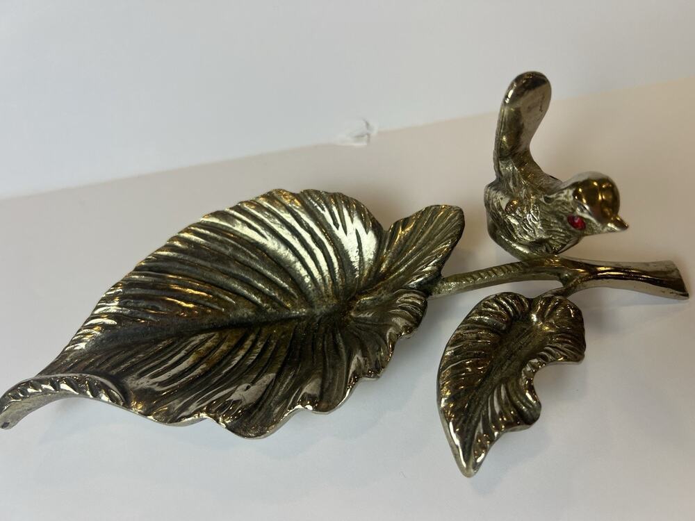 Brass Bird Leaf Trinket Dish Vintage Metal Figurine Red Gem Eyes Collectible